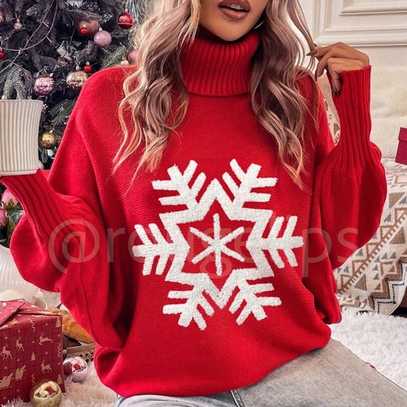 Rouge! Sweaters - Red Oversized Pullover Sweater Snowflake Turtleneck Long Sleeve Knit